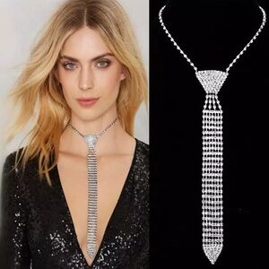Rhinestone Tie Design Silver Statement Necklace